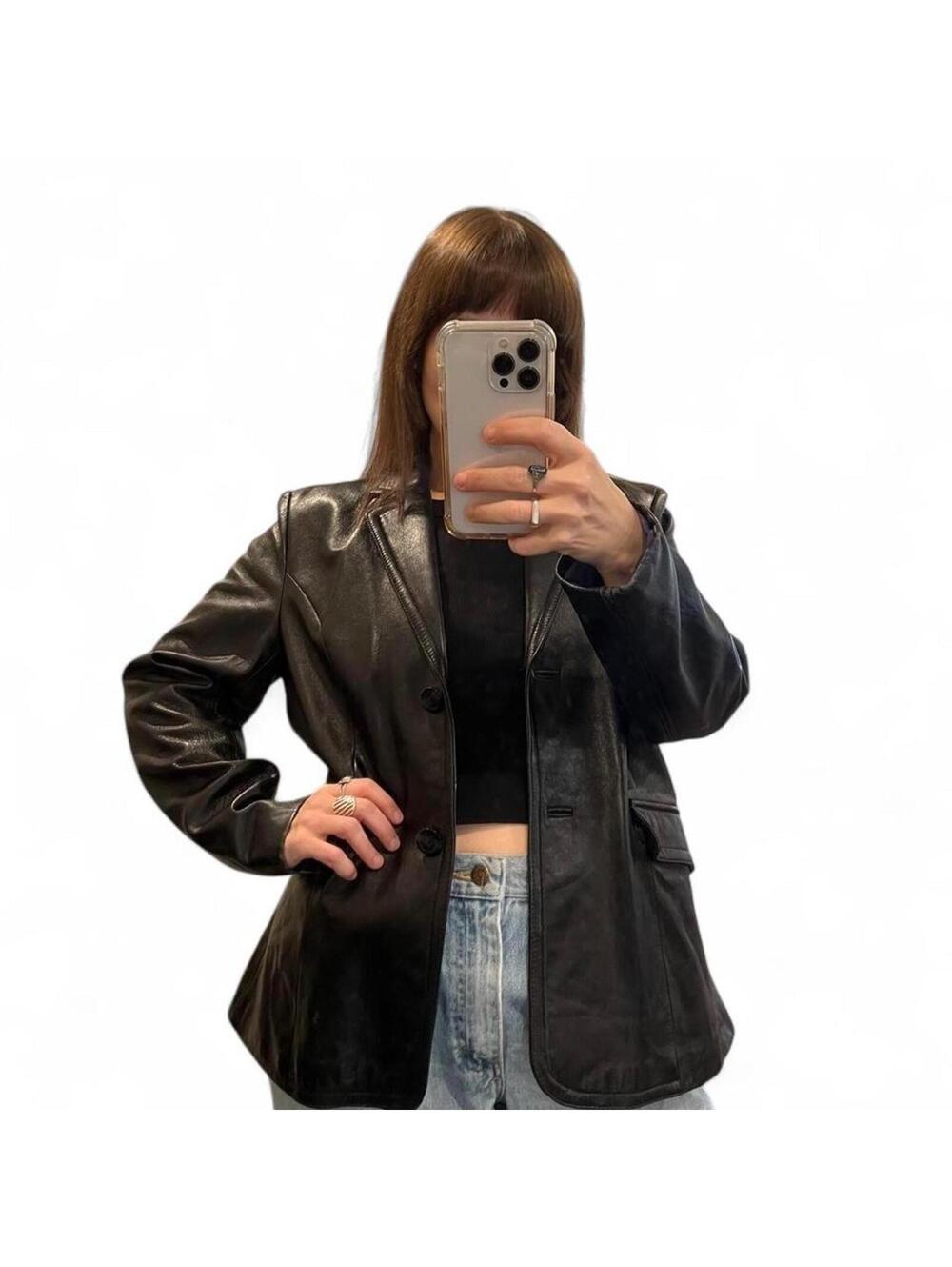 Vintage 90s Black Leather Blazer Jacket Minimalist Y2K Grunge